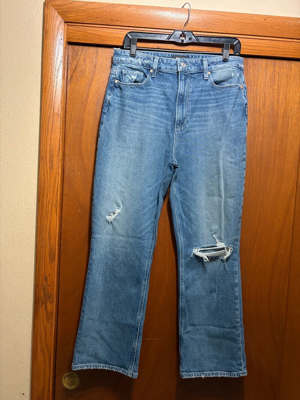 PAIGE Women's Size 31 Distressed Straight Leg Jeans Medium Wash Blue Denim